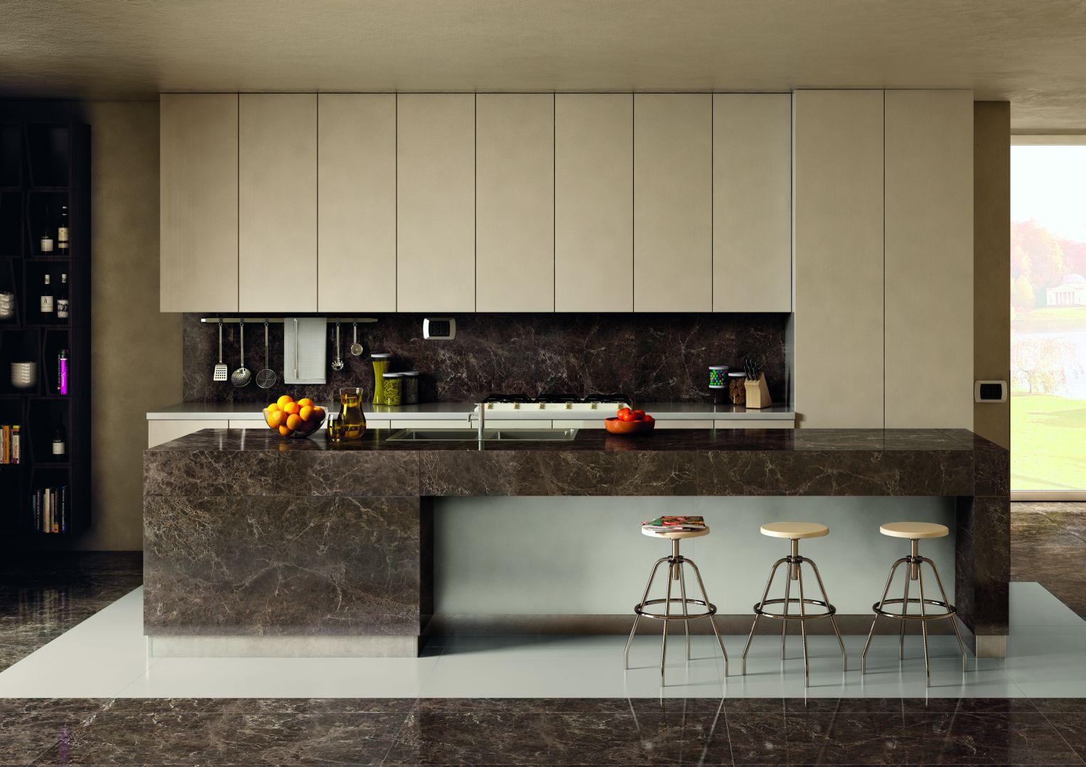 Bucatarie amenajata cu gresie Emperador 120x240 cm - Elements Lux