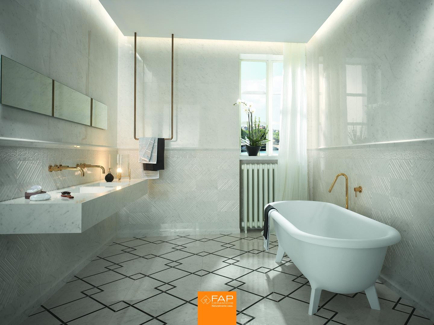 Baie amenajata cu placi de faianta aspect marmura Roma Classic 