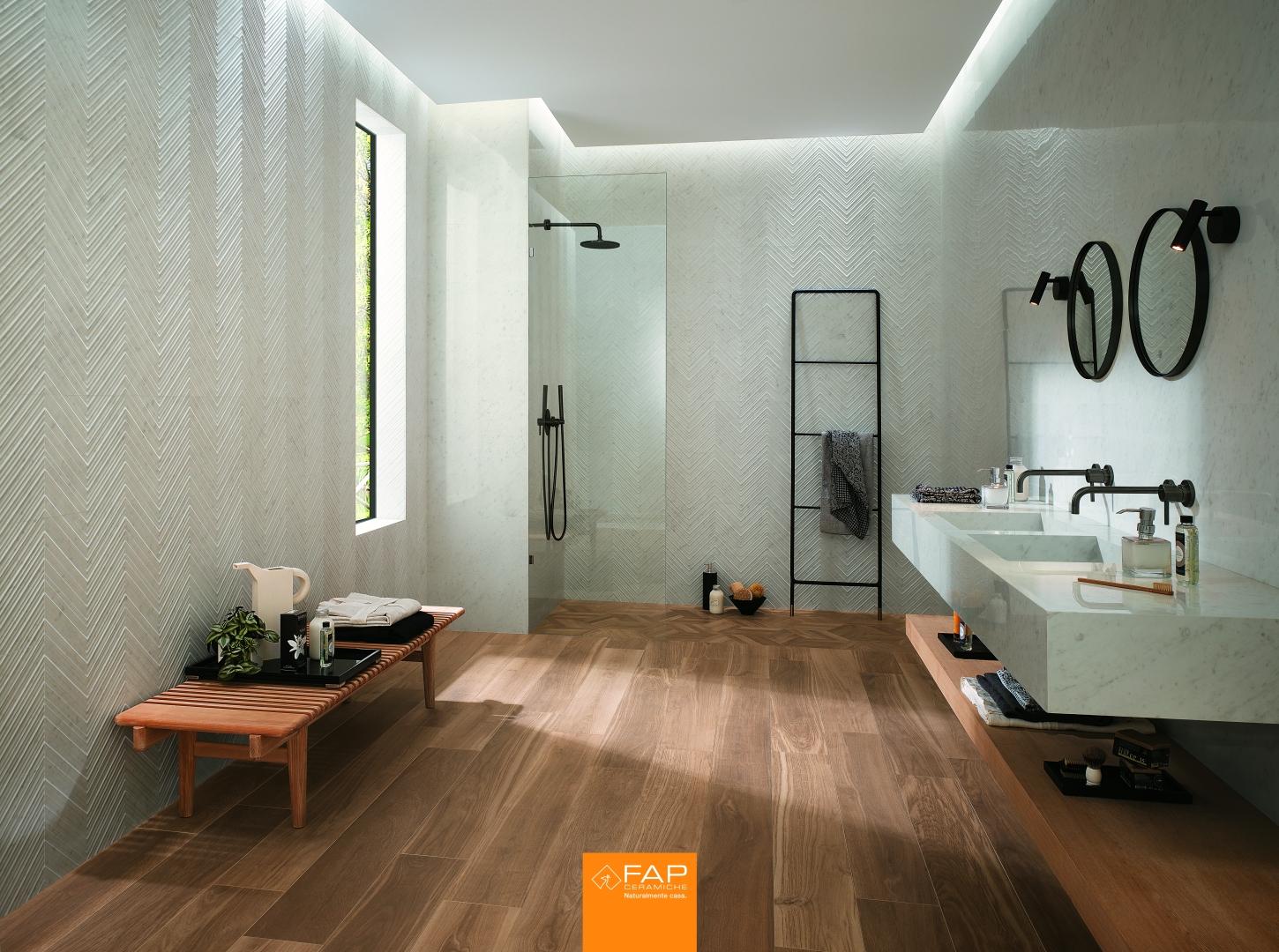 Baie stil clasic cu laci de faianta cu aspect de marmura Roma Classic 