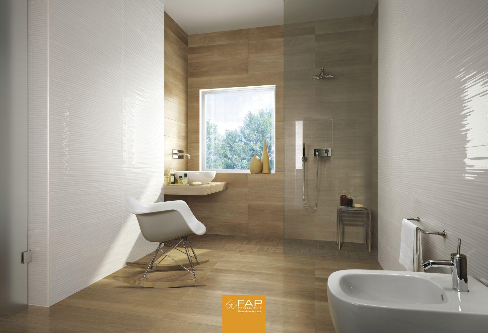 Baie stil nordic - Fap Baie cu faianta alba si gresie cu aspect de lemn