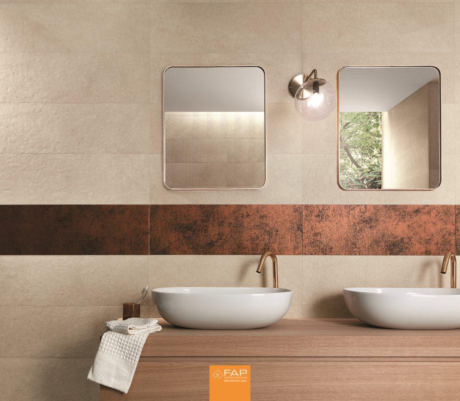 Faianta Bej si Decor Metal Nux 25x75 cm Amenajare Baie