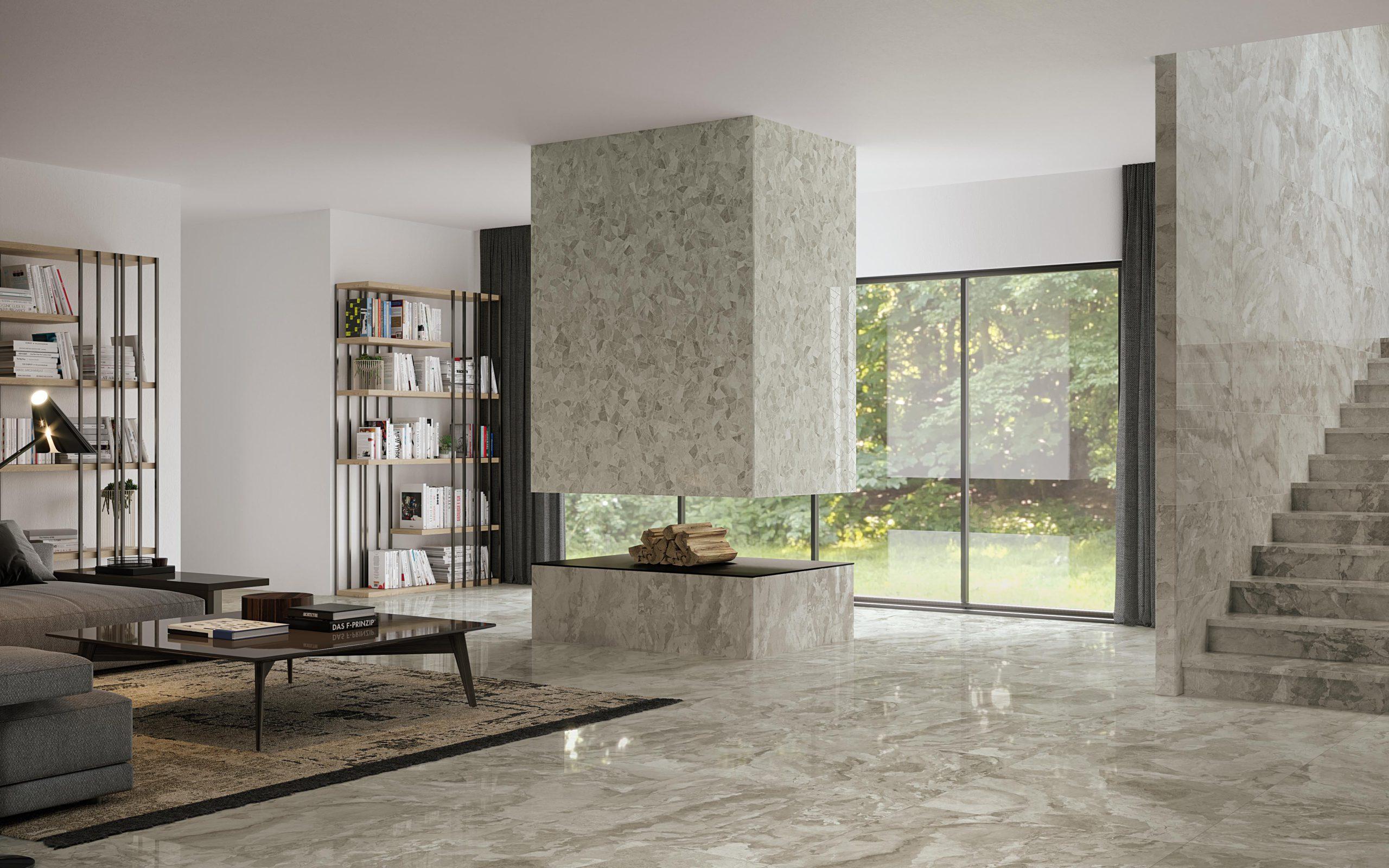 Living amenajat cu gresie aspect marmura Kamu - Fap