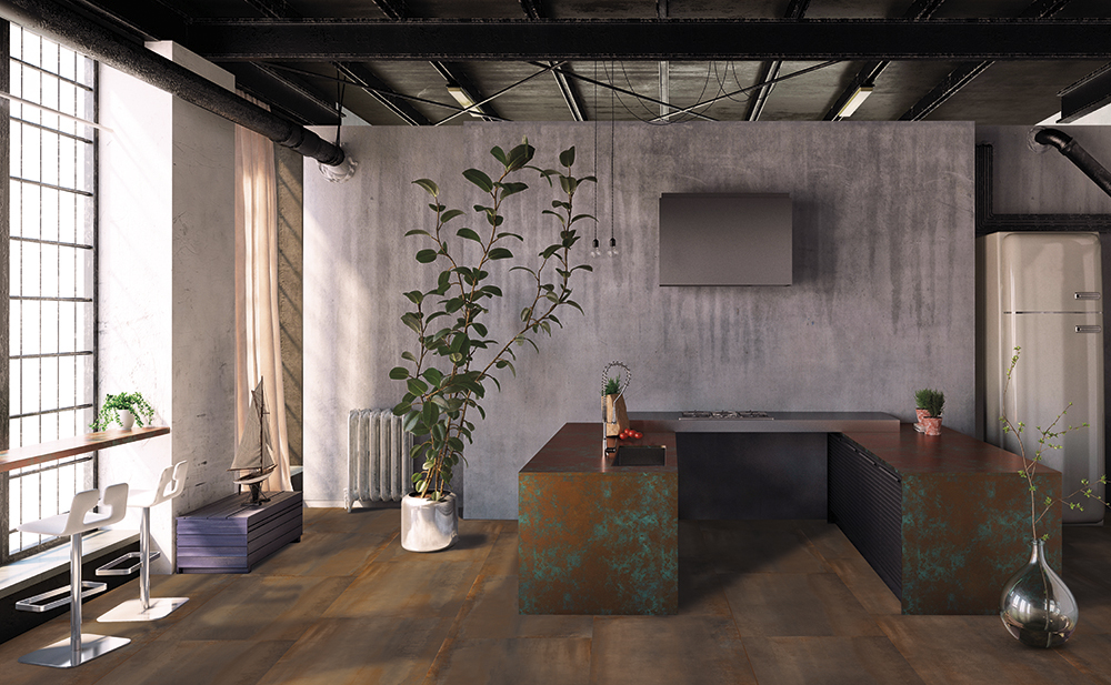 Gresie portelanata aspect de metal stil industrial 