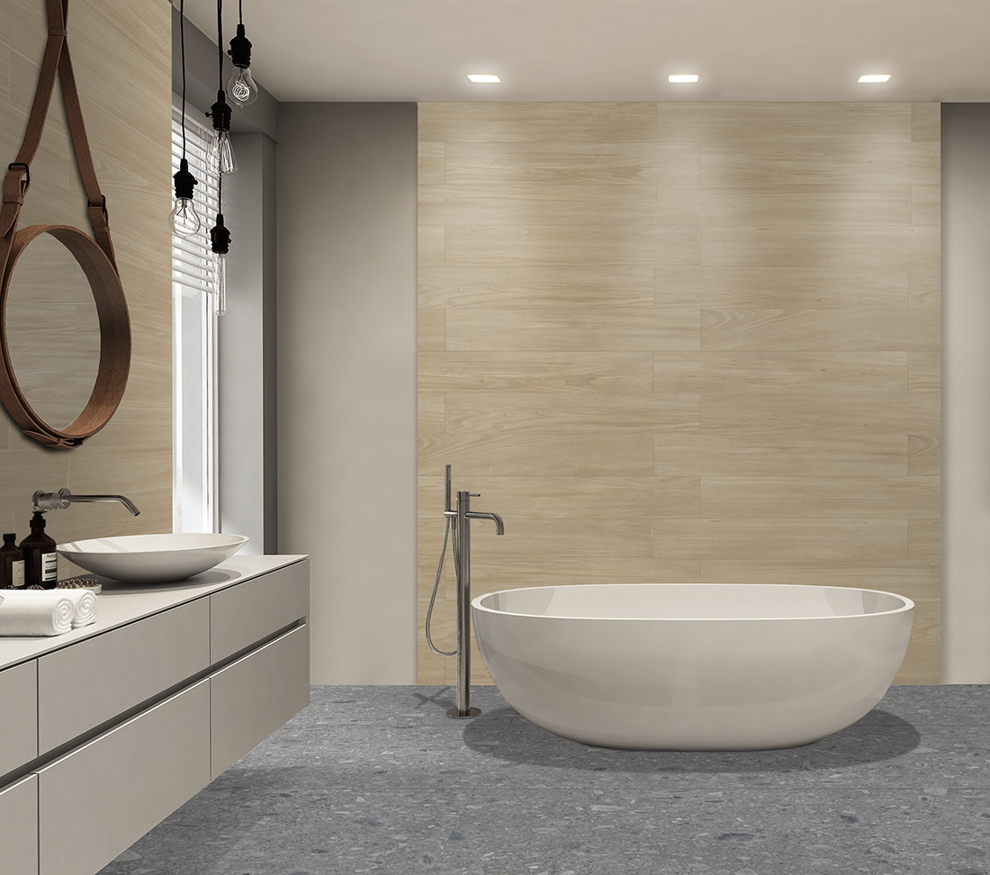 Baie cu gresie portelanata aspect lemn 