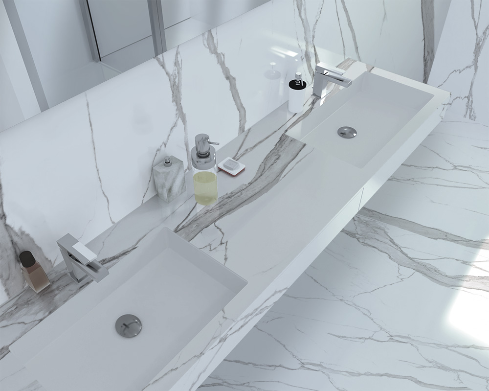 Amenajare cu lastre ceramice tip calacatta 