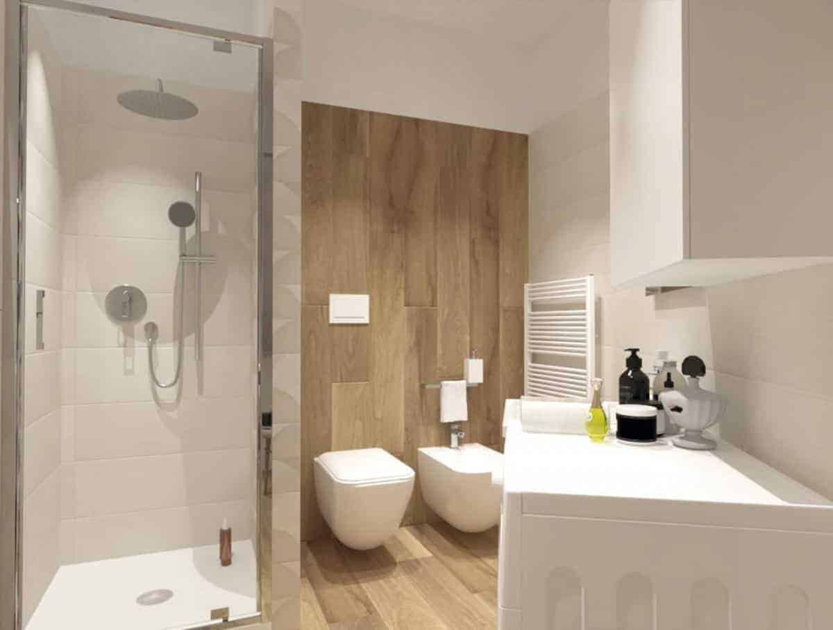 Baie cu gresie tip parchet si fanata deschisa 