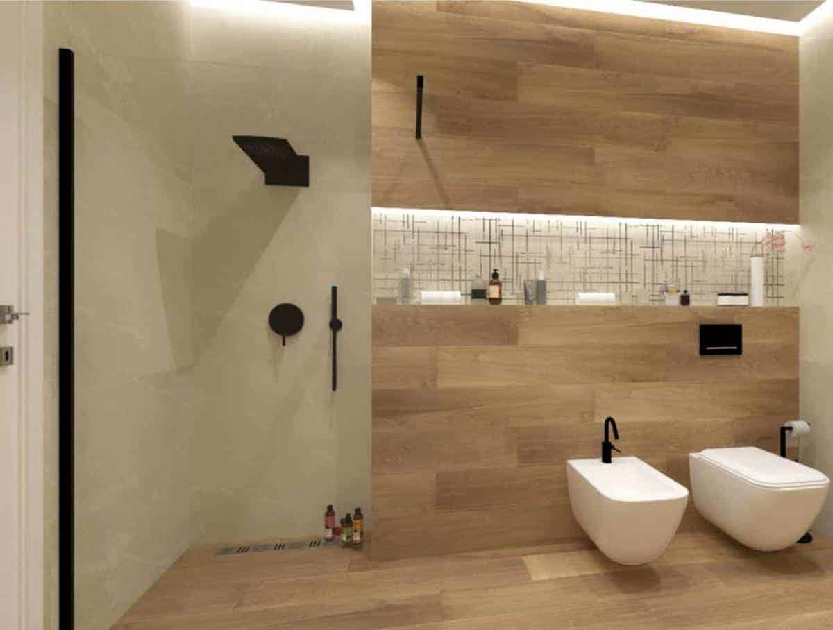 Baie cu faianta tip piatra si gresie tip parchet