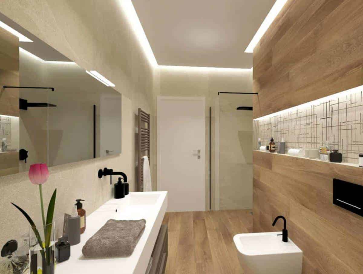 Baie amenajata cu placi de faianta aspect piatra