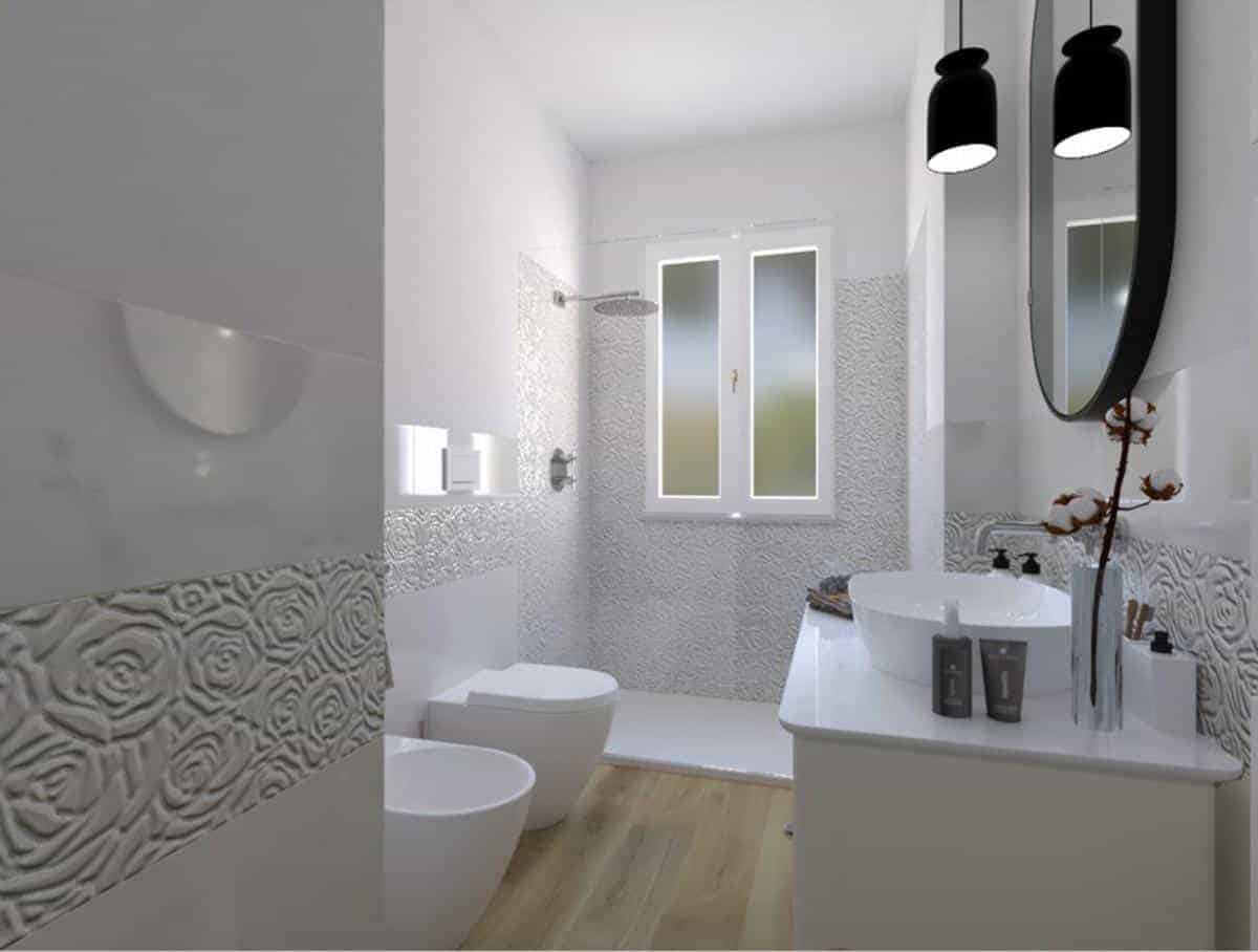 Baie cu gresie aspect lemn si faianata alba 