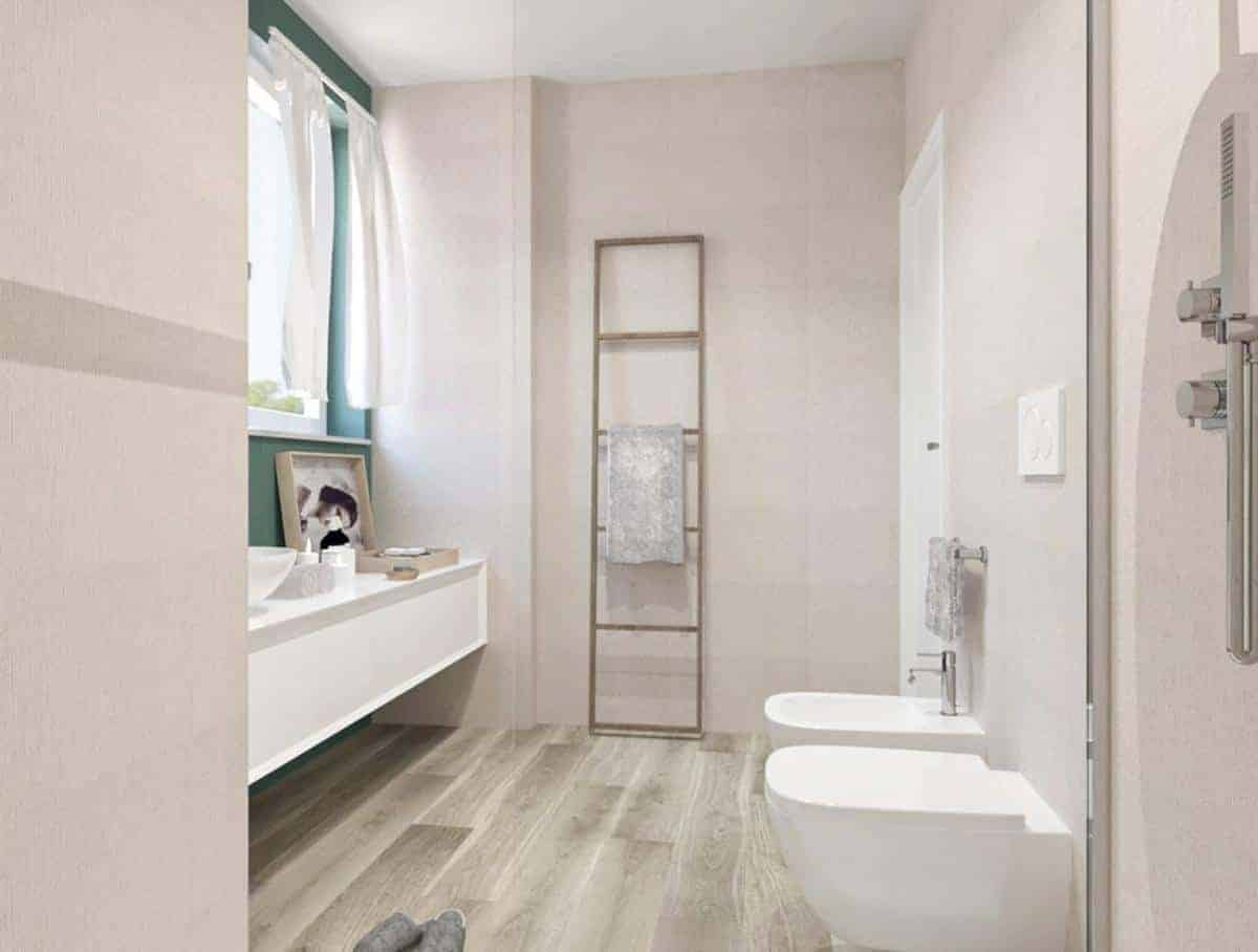 Baie amenajata cu placi de faianta moderna 30.5x56 cm 