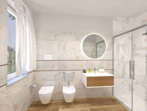 Baie amenajata cu placi de faianta aspect marmura