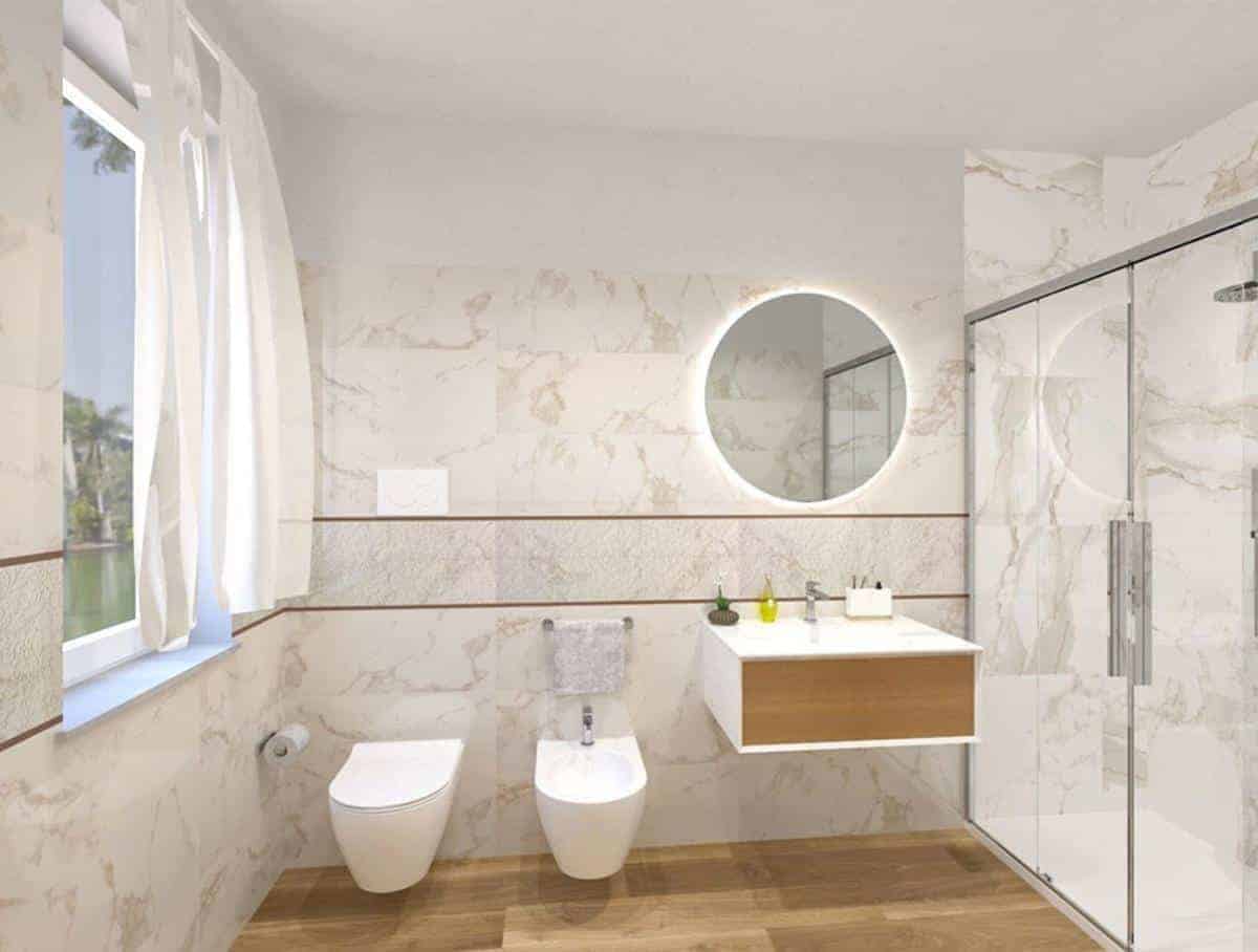 Baie amenajata cu placi de faianta aspect marmura