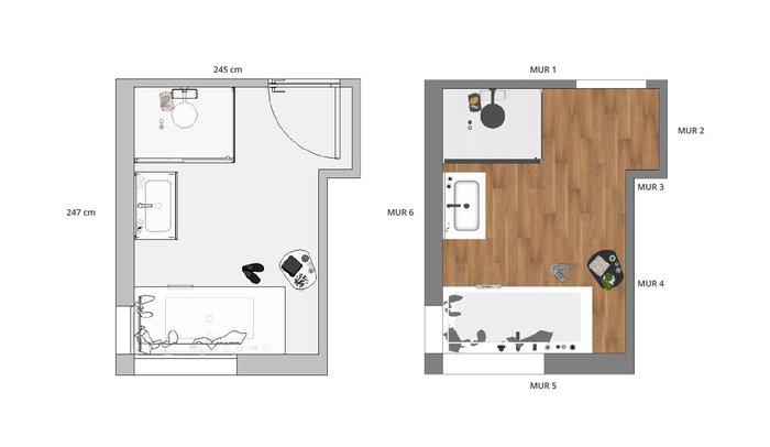 Schita baie cu gresie tip parchet si faianta alba 