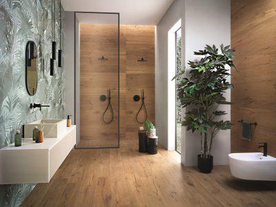 Baie cu gresie portelanata tip parchet ceramic Roots