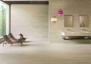 Baie cu gresie portelanata tip travertin Omnia