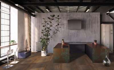 Amenajare living birou gresie portelanata Oxidatio EK tellurium 60X120 cm