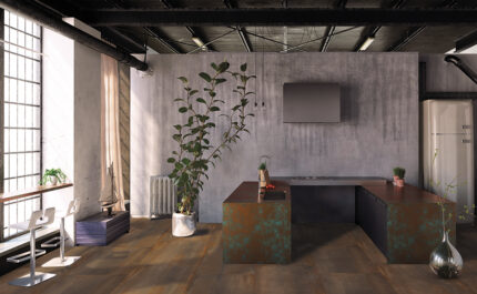 Amenajare living birou gresie portelanata Oxidatio EK tellurium 60X120 cm