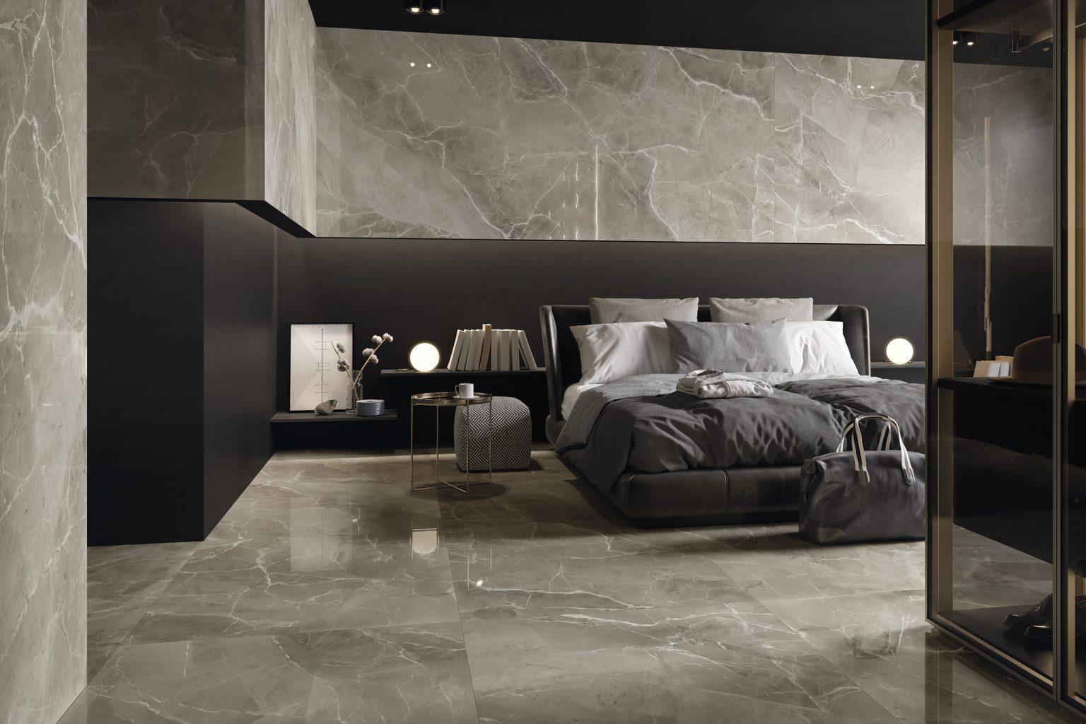 Amenajare Dormitor cu Gresie Aspect Marmura Elegant Greige