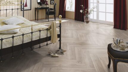 Parchet vinil LVT C07a Oak Oslo herrignbone amenajare dormitor detaliu