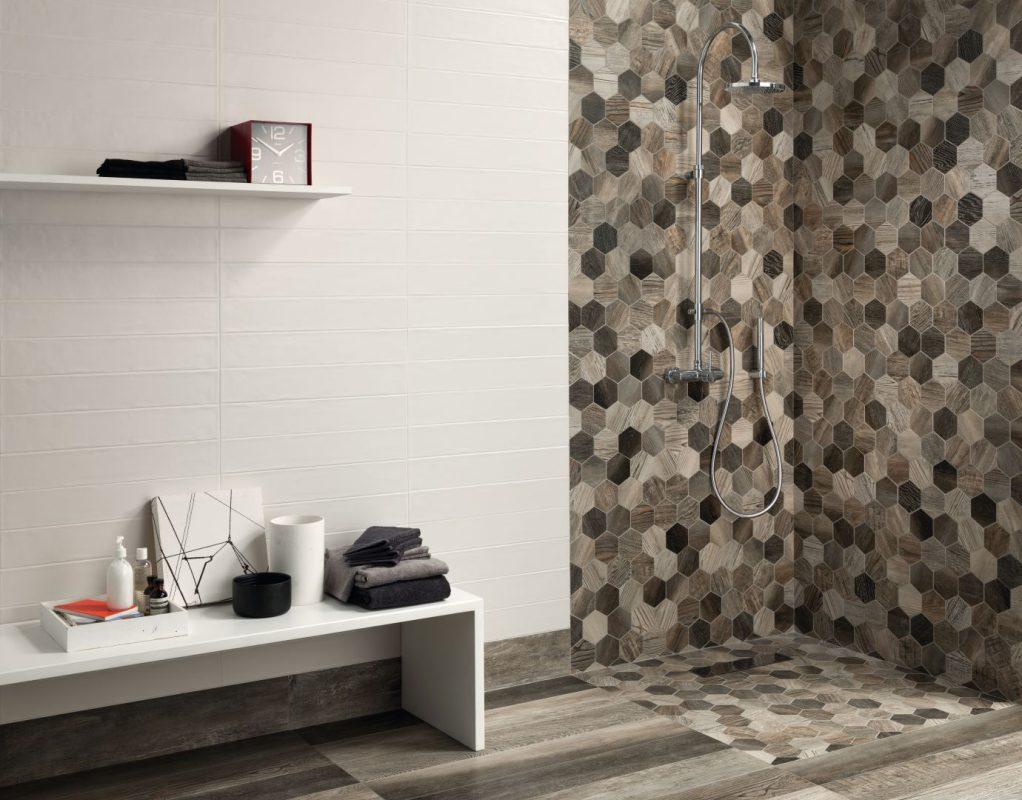 Mozaic Hexagonal Gresie Aspect Lemn Barn Wood Baie