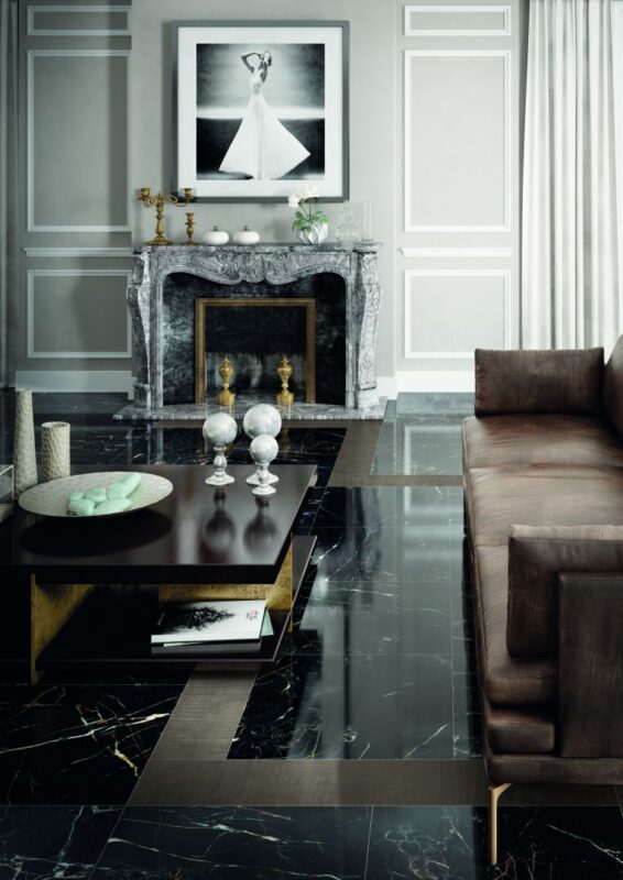 Gresie Lucioasa Portelanata tip Marmura Neagra Amenajare Living