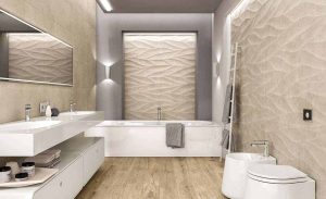 Baie Moderna cu Gresie tip Parchet si Faianta 3D Bej