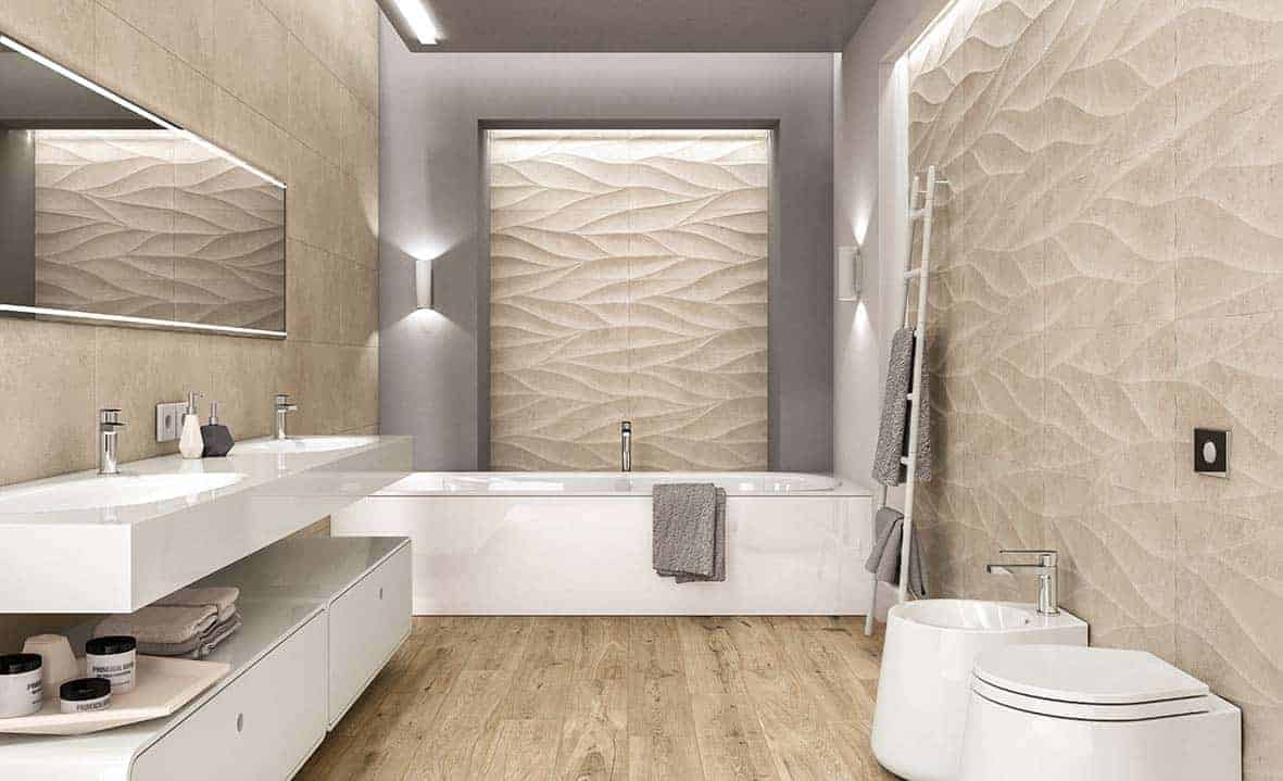 Baie Moderna cu Gresie tip Parchet si Faianta 3D Bej