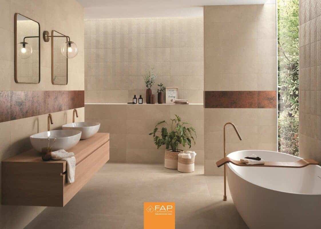 Faianta Bej si Decor Metal Nux 25x75 cm Amenajare Baie