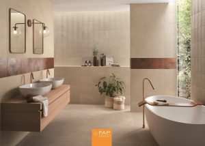 Faianta Bej si Decor Metal Nux 25x75 cm Amenajare Baie