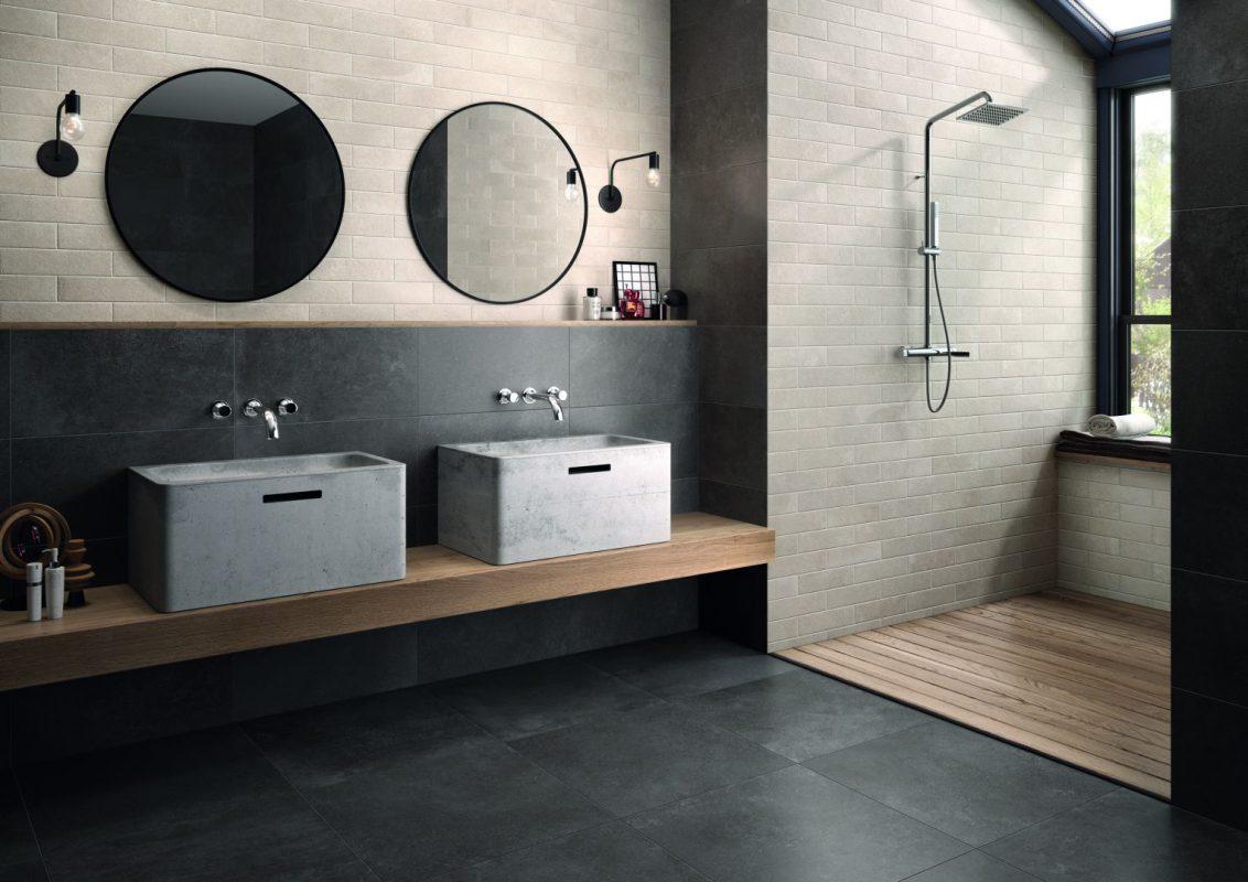 Baie cu Gresie Antracit si placi mici Brik Moov Ivory