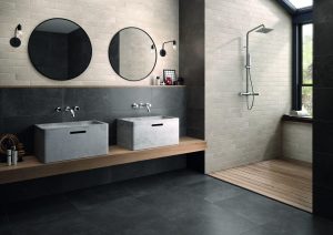 Baie cu Gresie Antracit si placi mici Brik Moov Ivory