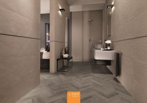 Baie Mare cu Faianta Colornow si Gresie tip Parchet Herringbone