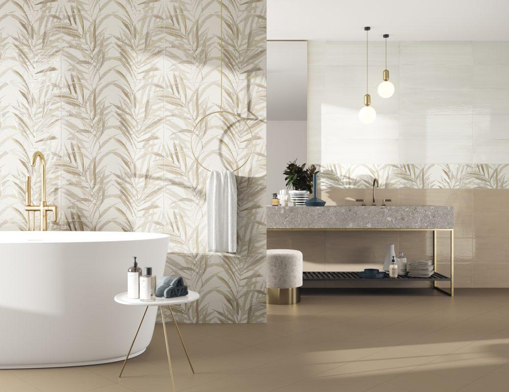 Faianta Lucioasa Bej si Decor Tropical Noa Baie Moderna