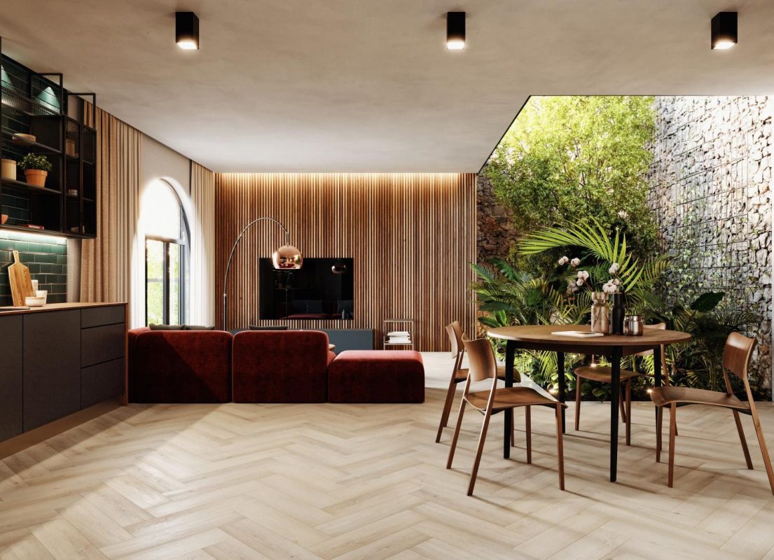 Parchet SPC Hibrid Amaron Preston Herringbone amenajare living