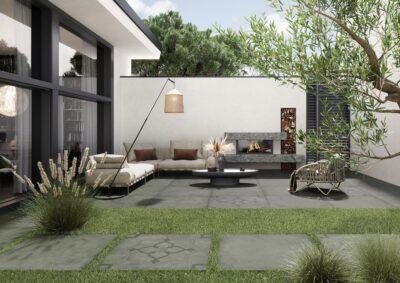 Amenajare gradina terasa cu placi de gresie portelanata grosime 2 cm La Fabbrica HURBAN GRAY DECOR QUEEN