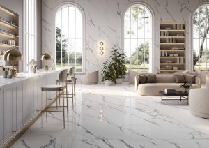 Living cu gresie portelanata tip marmura Statuario Splendente