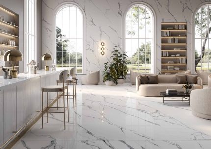 Living cu gresie portelanata tip marmura Statuario Splendente