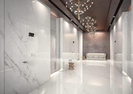 Amenajare spatiu comercial living cu gresie portelanata tip marmura placi mari AVA Calacatta