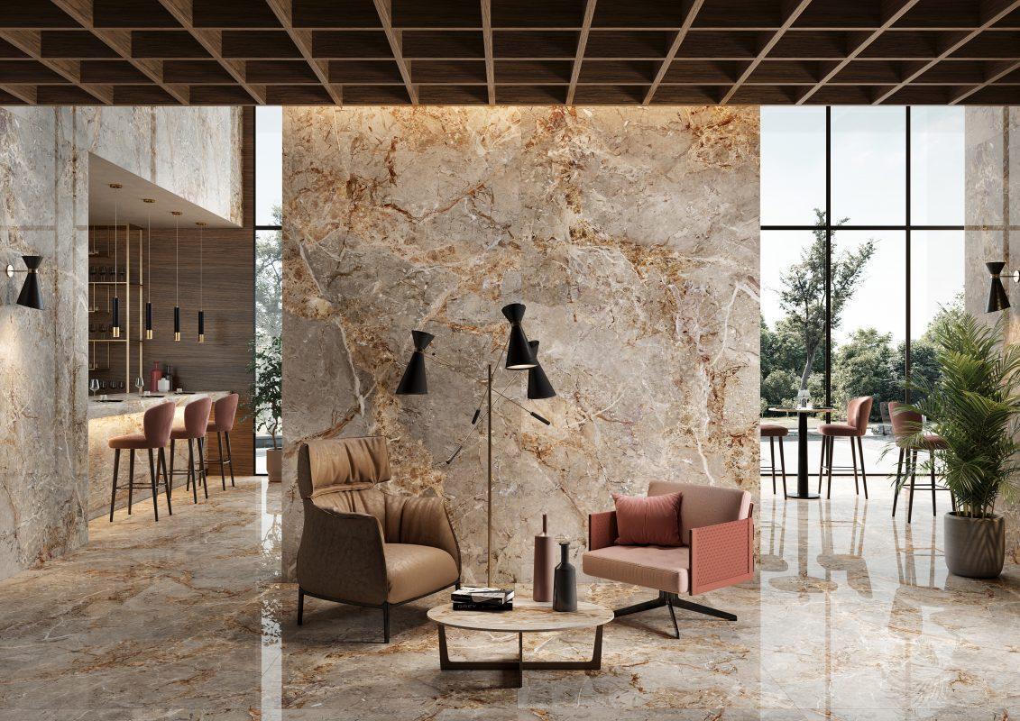 Gresie portelanata Breccia Argentum amenajare living