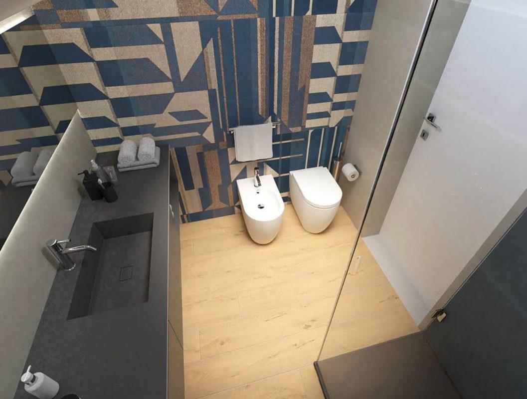 Amenajare Baie mica cu faianta murals si Bloom si gresie tip parchet Roots FAP Ceramiche