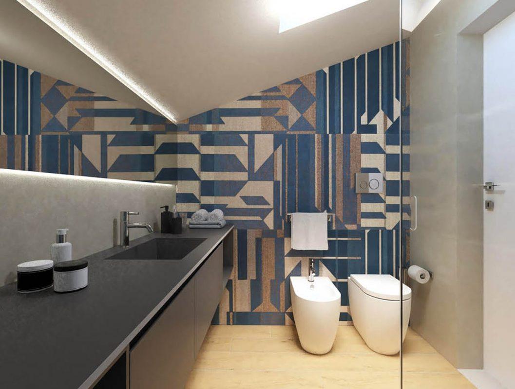 Amenajare Baie moderna cu faianta murals si Bloom si gresie tip parchet Roots FAP Ceramiche