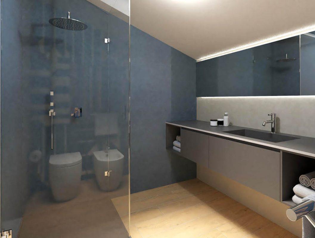 Baie moderna cu faianta murals si Bloom si gresie tip parchet Roots FAP Ceramiche