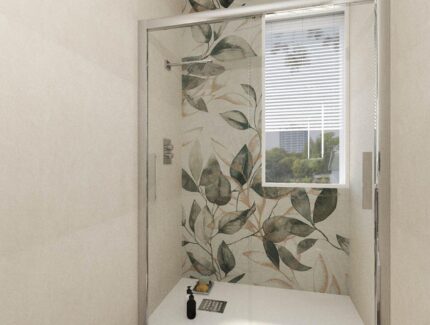 Detaliu Baie moderna cu gresie Nux si faianta Fap Murals si Bloom 80x160 cm