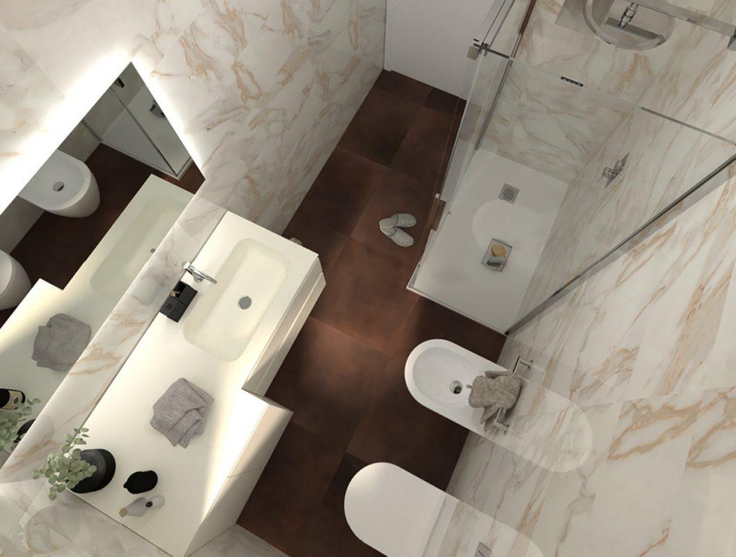 Amenajare Baie mica cu gresie milano floor si faianta roma calacatta gold FAP Ceramiche