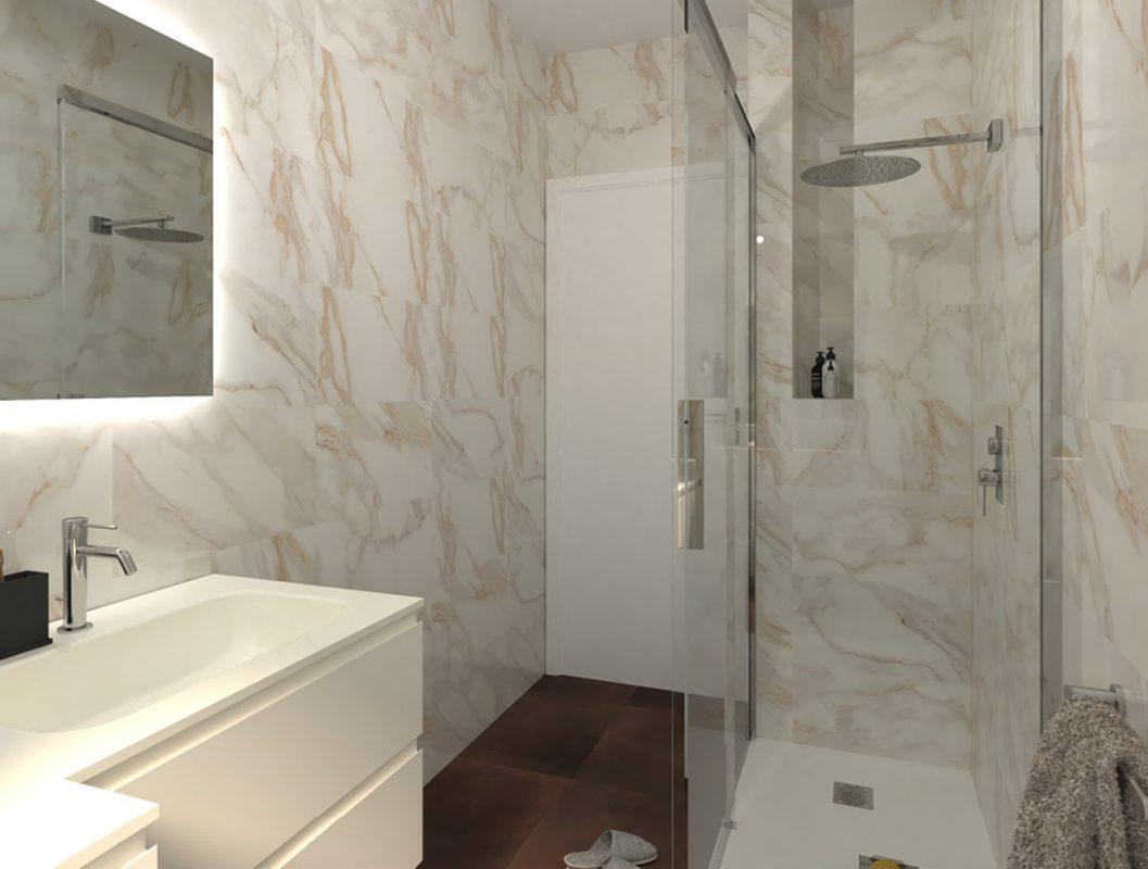 Amenajare Baie moderna cu gresie milano floor si faianta roma calacatta gold FAP Ceramiche