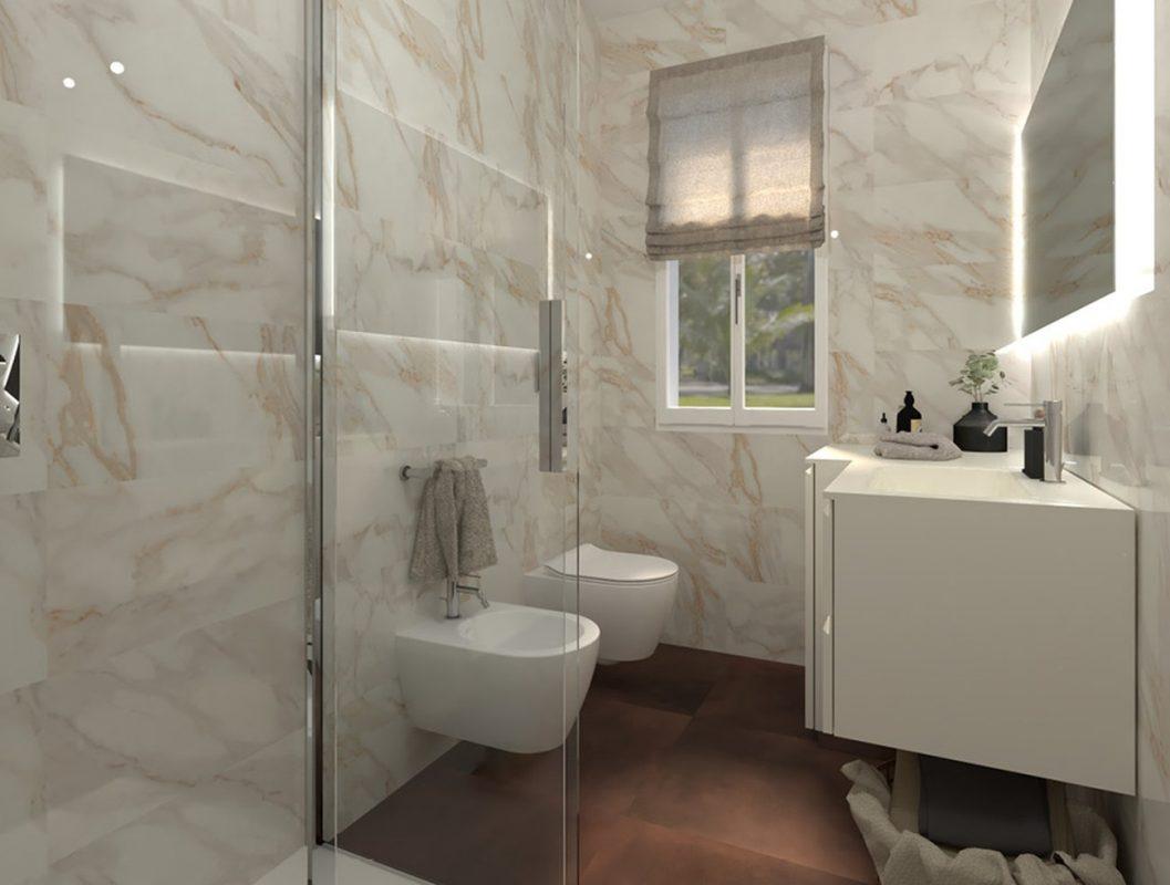 Baie moderna cu gresie milano floor si faianta roma calacatta gold FAP Ceramiche