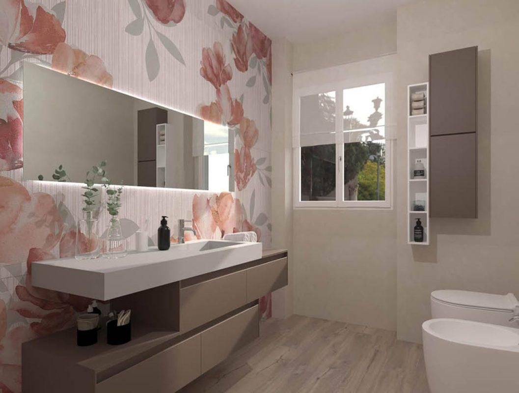 Amenajare Baie moderna cu placi de faianta murals iper flower si gresie tip parchet Roots Fap Ceramiche