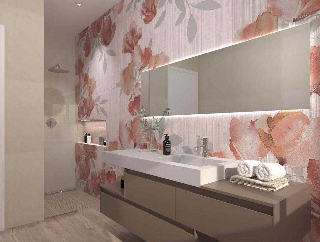 Baie moderna cu placi de faianta murals iper flower si gresie tip parchet Roots Fap Ceramiche