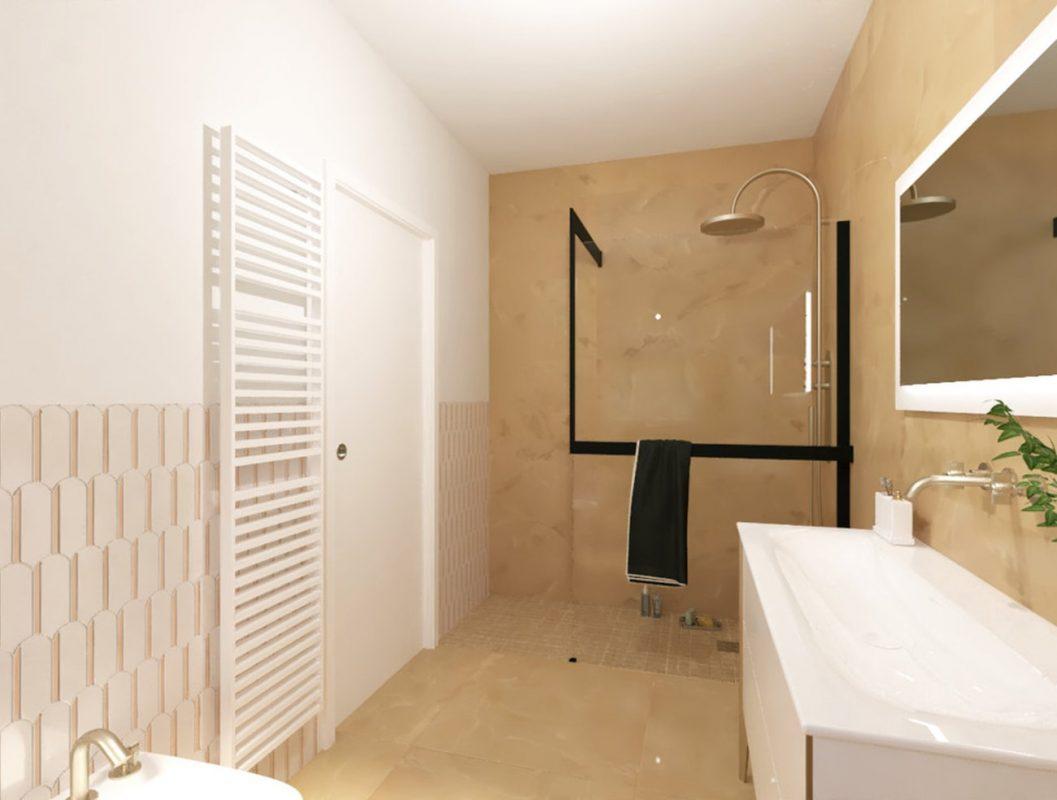 Amenajare Baie moderna cu faianta si gresie portelanata roma gold onix FAP Ceramiche