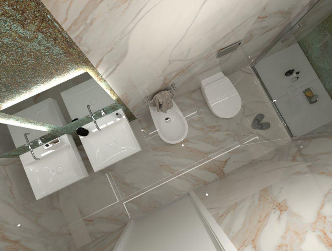 Baie mica cu gresie portelanata Roma Gold si lastra ceramica oxide 120x278 cm FAP Ceramiche